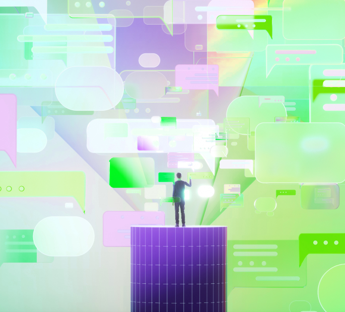 Man on podium with abstract background