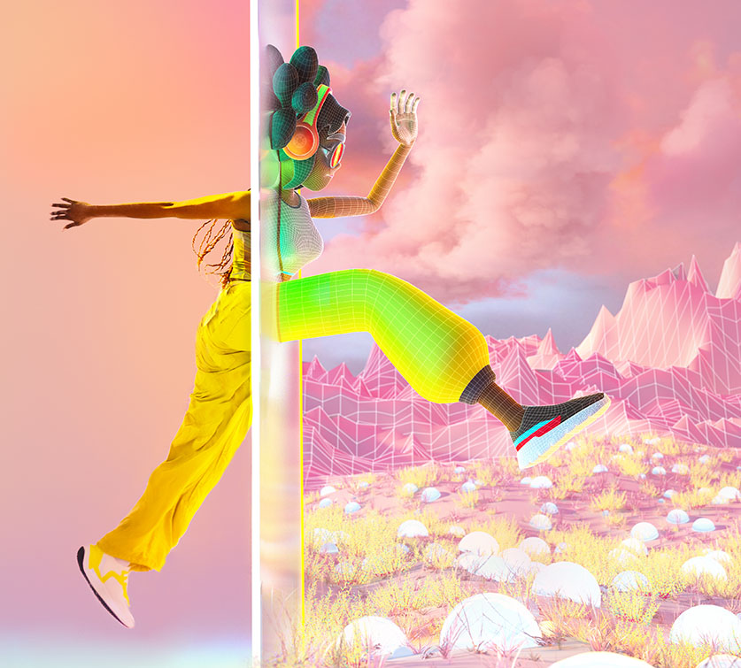 Girl jumping from the real world into the virtual world