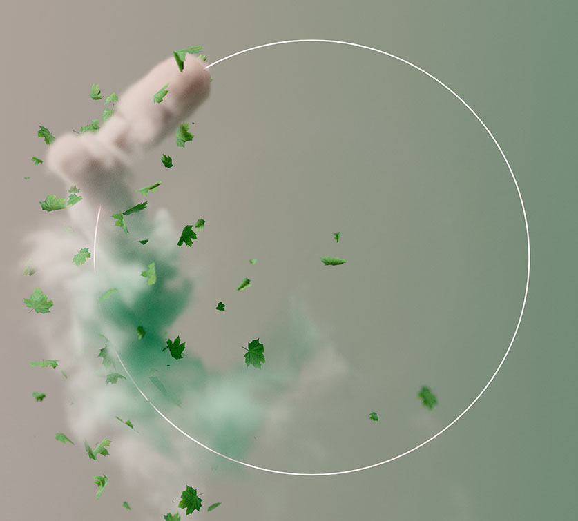 Circle with smoke and leaves blowing around it